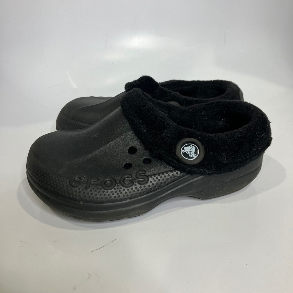 Crocs fleece lined original clogs mules‎ black kids size J1 unisex casual